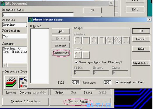 當Gerber和鉆孔都設置完后，選擇一貼片元件較多的層（一般為Top層），點擊Device SetupPhoto，將 Plotter Setup窗口D-Code欄原有的D碼刪除并按Regenerate重新生成