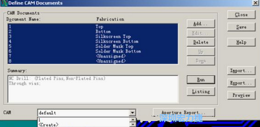 回到Dsfine CAM Documents窗口 ，將所有須輸出的文件用鼠標拉住選擇，按Run輸出，默認輸出路徑是安裝目錄的\CAM\default，也可按CAM的Create更改