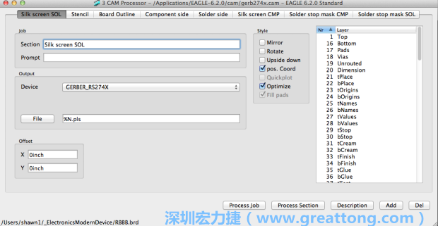 假如你有匯入點陣圖圖層（抑或是有某個圖層是你不想要它們出現(xiàn)在絲印上的），請再次確認(rèn)標(biāo)簽列下面被指定的圖層都是正確無誤的。
