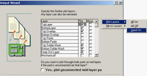 按“Next”，點(diǎn)擊“Menu”將Plot Layers置為Used On，Mirror Layers置為All Off后按“Next”